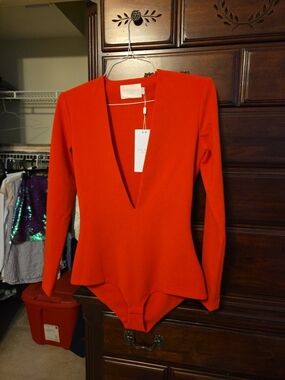 Deep V Red Long-Sleeve Bodysuit Top Solace London